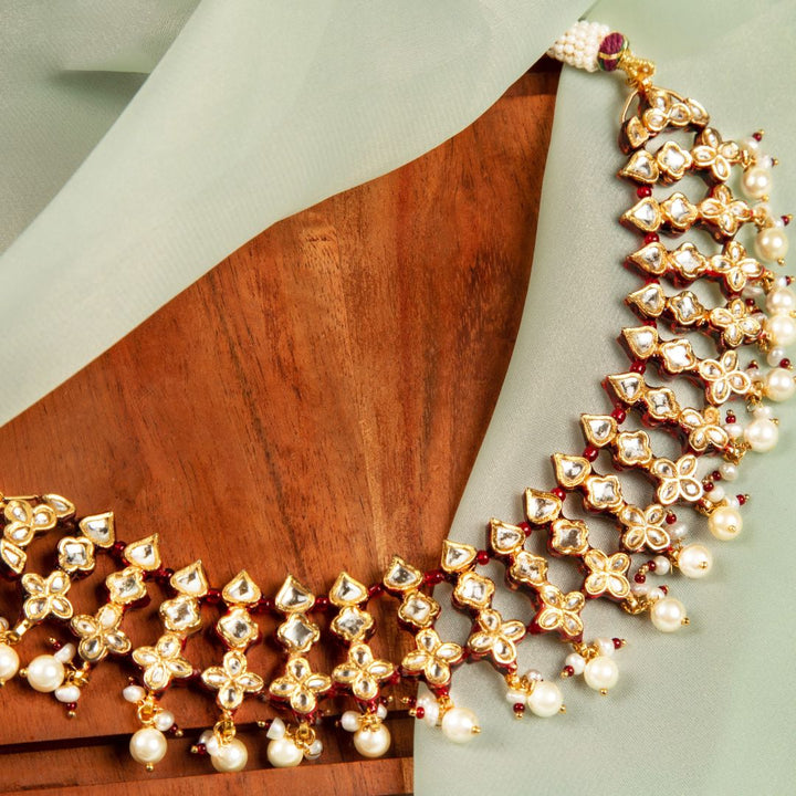 Farha Red Polki and Pearl Necklace Set