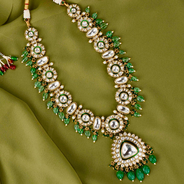 House of MISU in Maahika Emerald And Polki Necklace Set