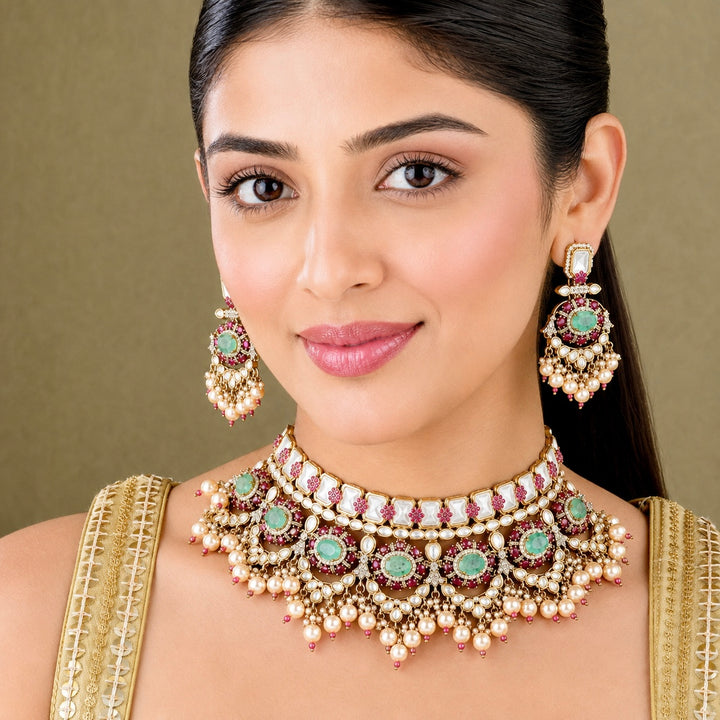 Anusha Ruby and Mint Green Choker Set