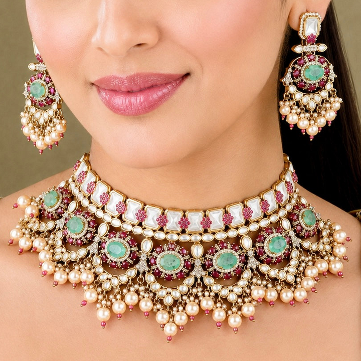 Anusha Ruby and Mint Green Choker Set
