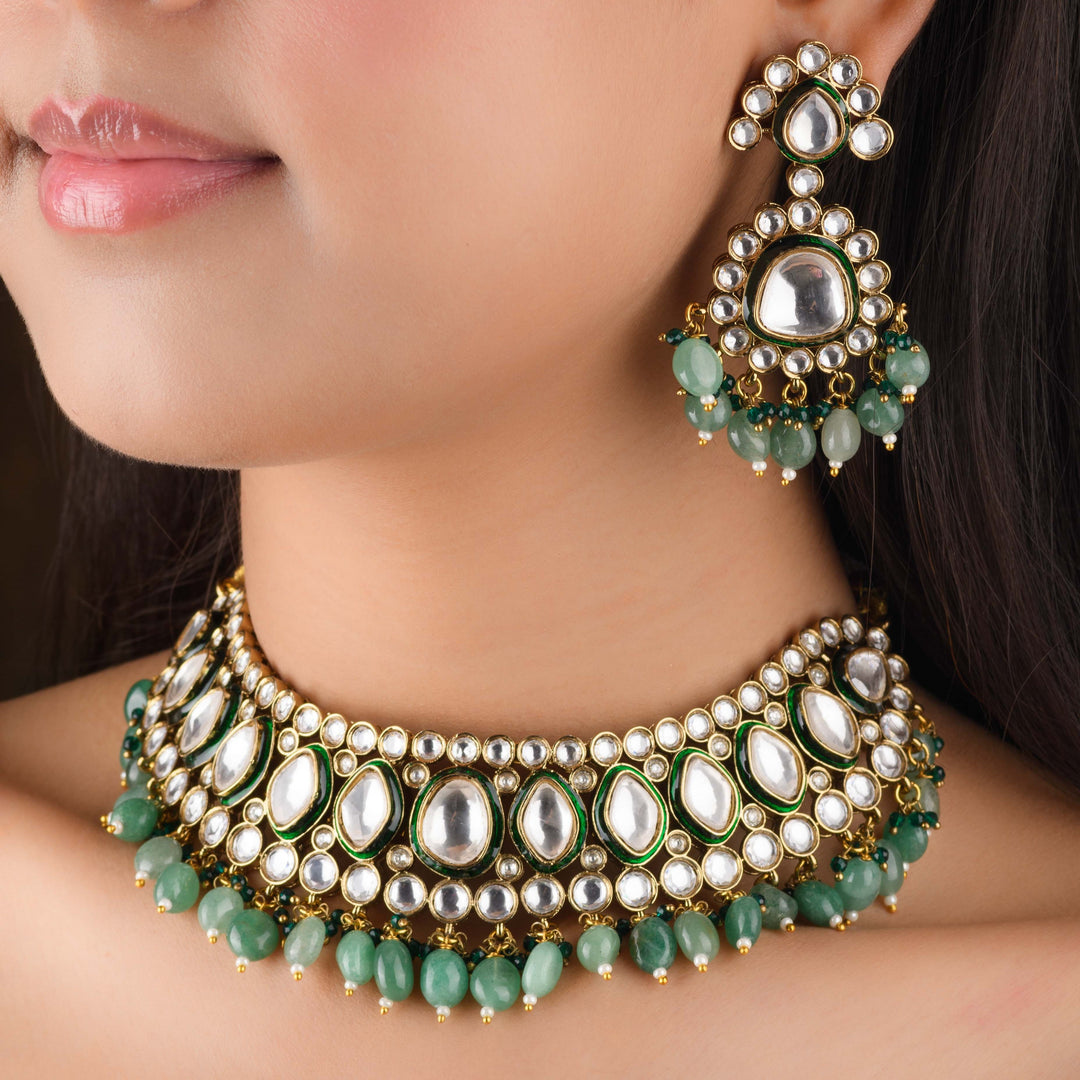 Natasha Luthra in Nivedya Emerald And Polki Necklace Set