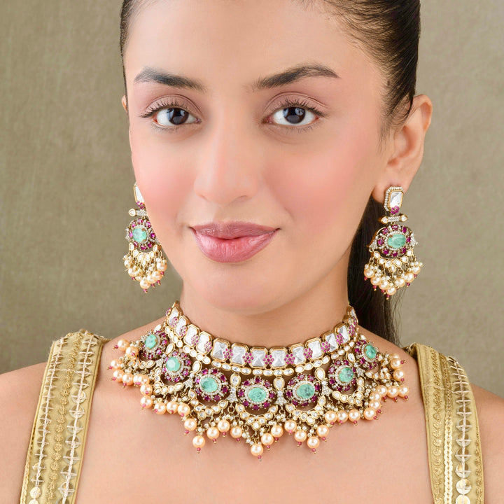 Anusha Ruby and Mint Green Choker Set