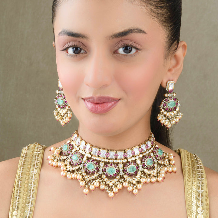 Anusha Ruby and Mint Green Choker Set