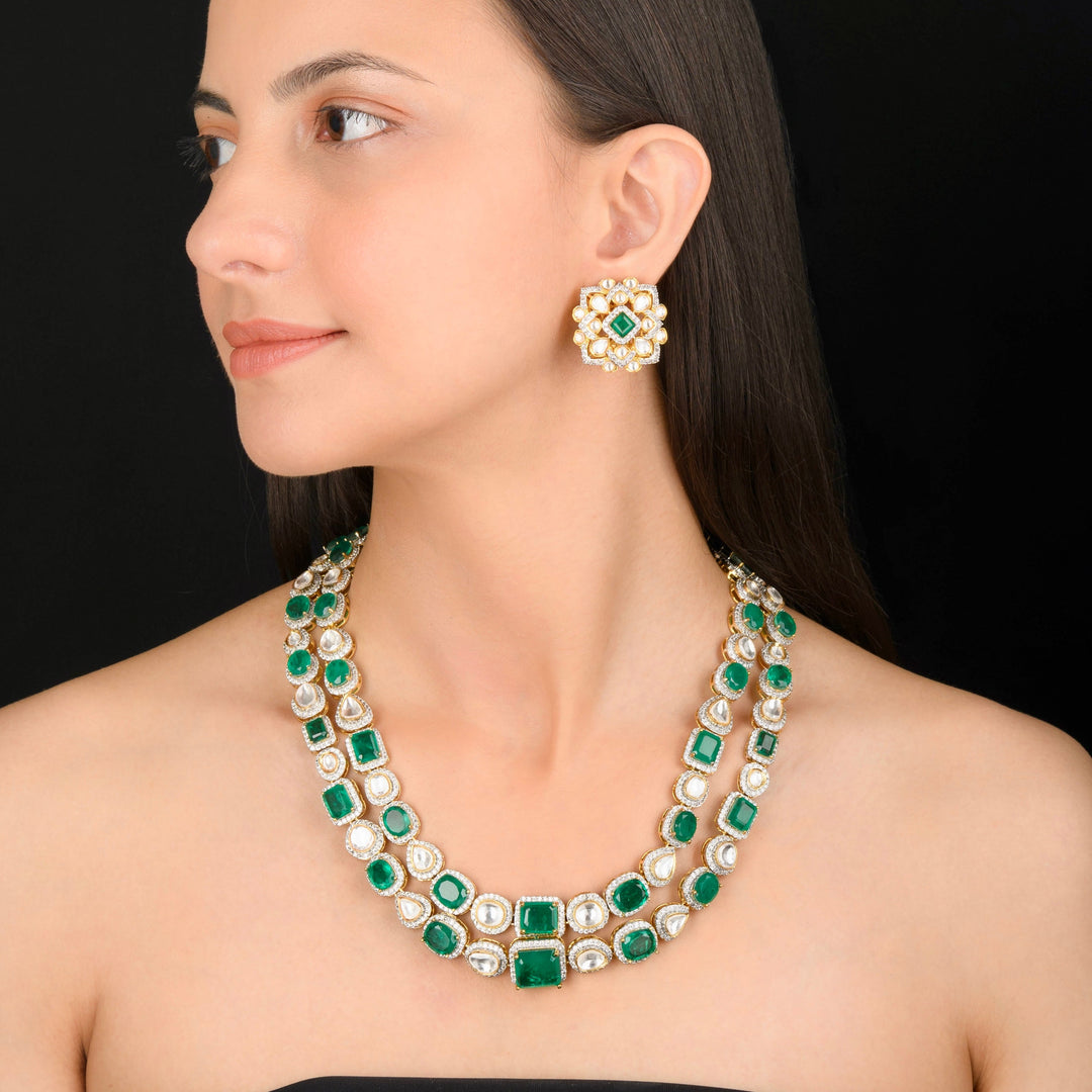 House of MISU in Vaanshi Emerald Polki Necklace Set