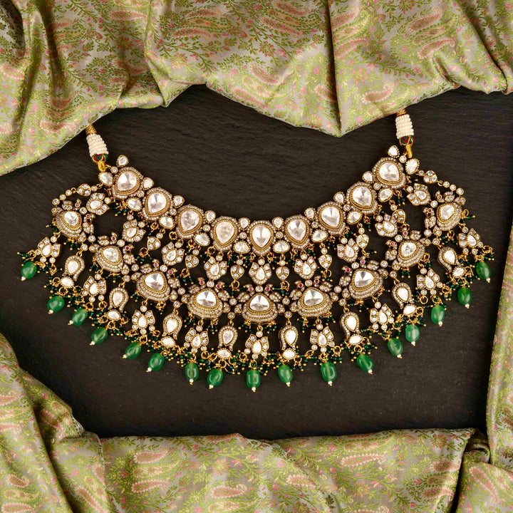 Ishani Moissanite Polki and Emerald Necklace Set