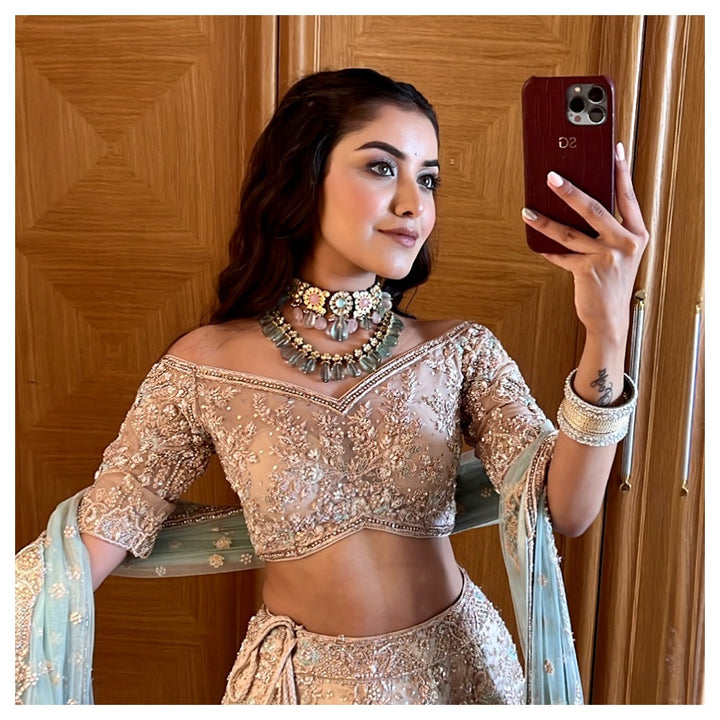 Shivani Girdhar in Meera Polki Choker Set - Pink and Mint Green