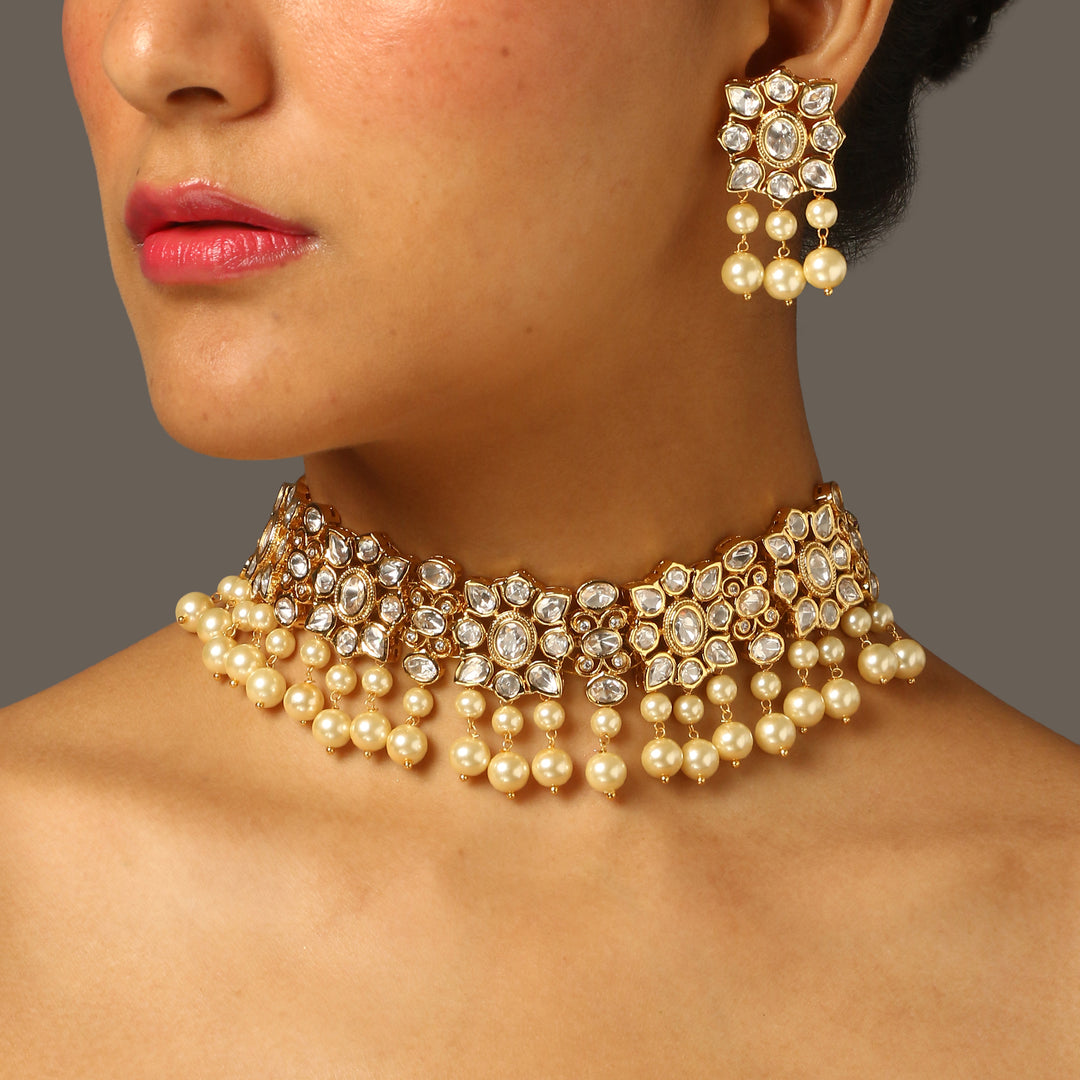 Aranya Moissanite Polki and Pearl Choker Set