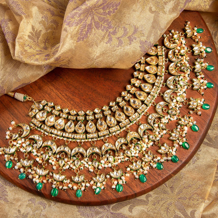 Ishaani Emerald Pearl and Polki Necklace Set