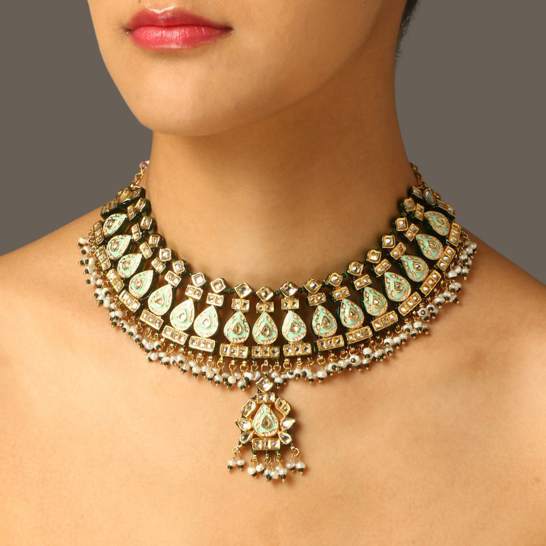 Himanshi Mint Green Meenakari Necklace Set