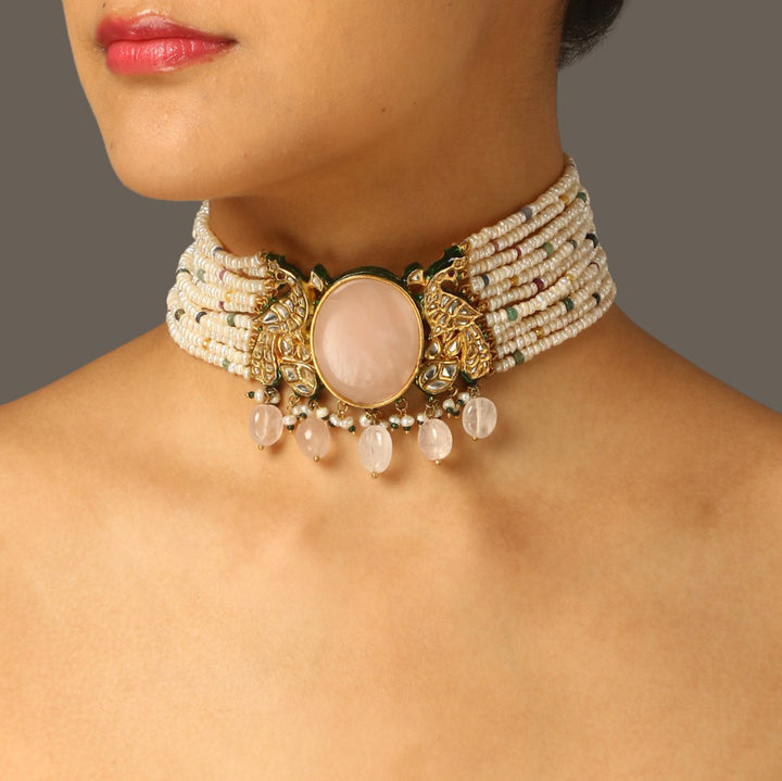 Arunya Rose Quartz Polki and Pearl Choker Set