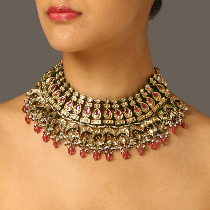 Gul Ruby Pearl and Polki Necklace Set