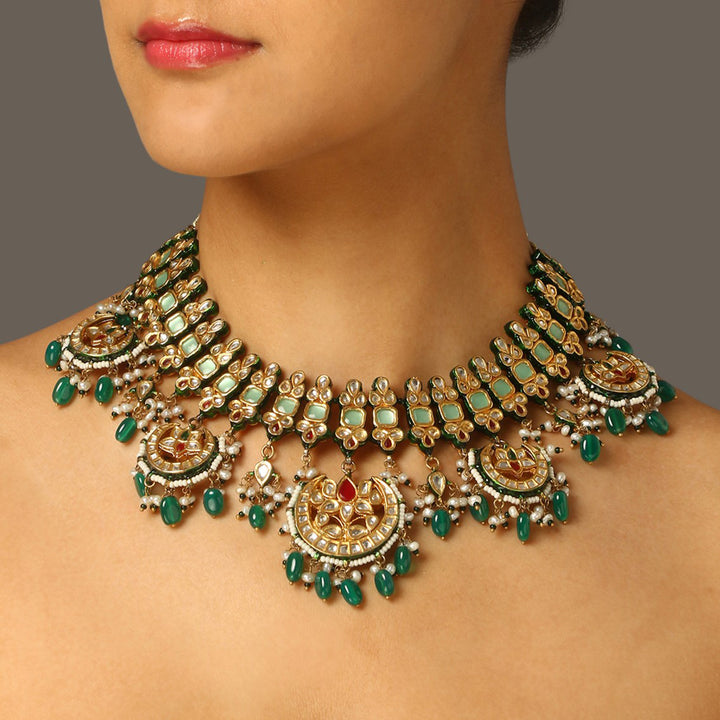 Nithya Red and Green Polki Necklace Set