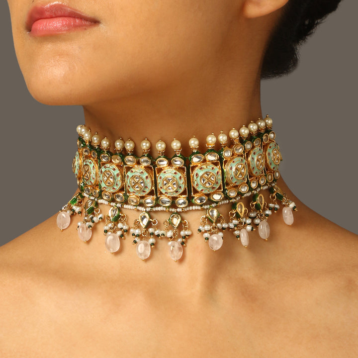 Leela Rose Quartz and Mint Green Meenakari Choker Set