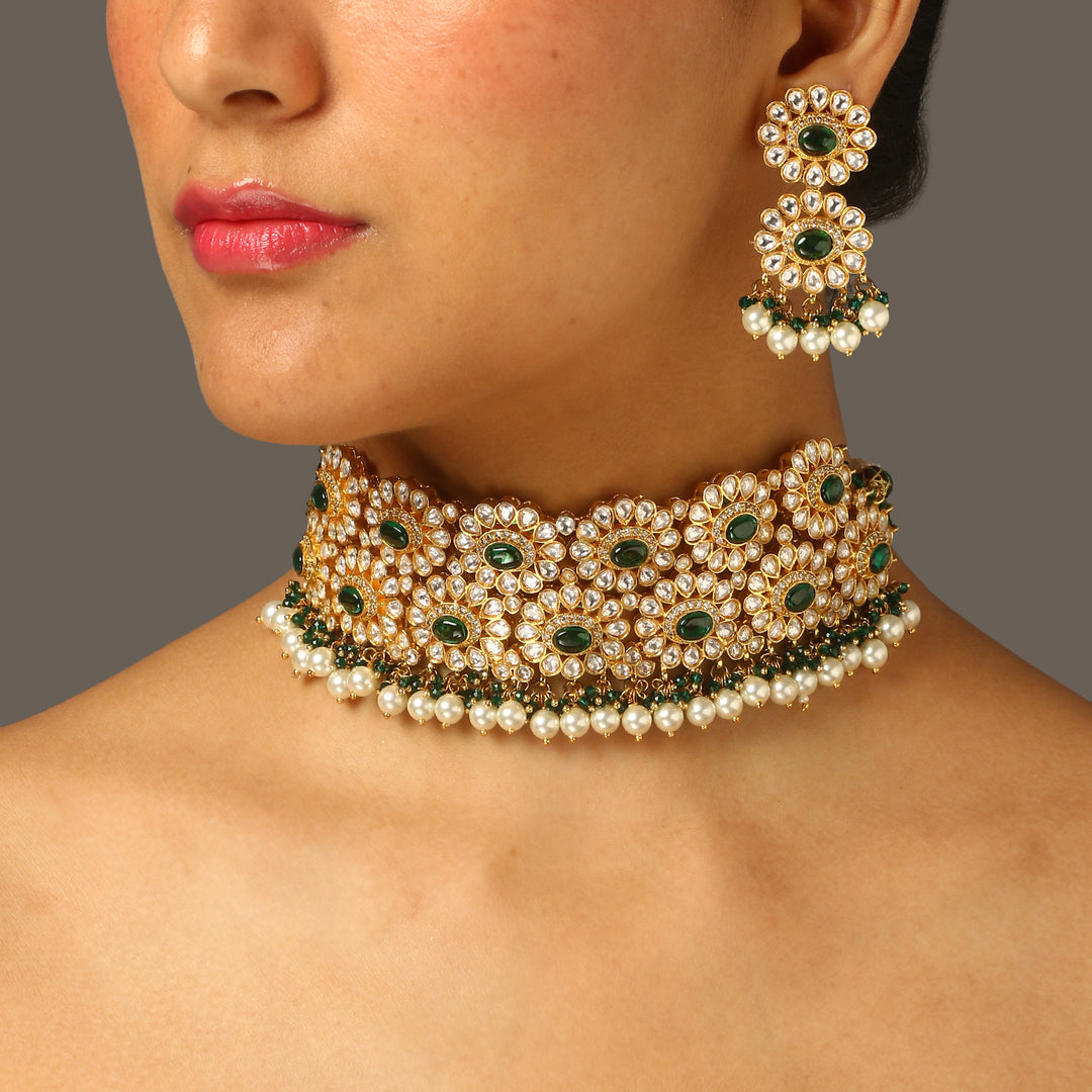 House of MISU in Khushboo Green Polki Choker Set