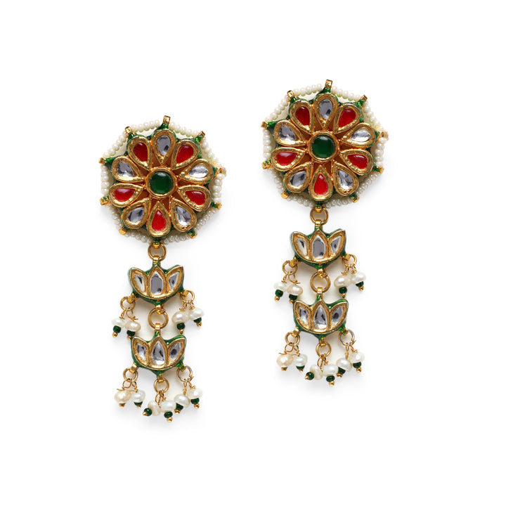 Banhi Red and Green Pearl and Polki Earrings