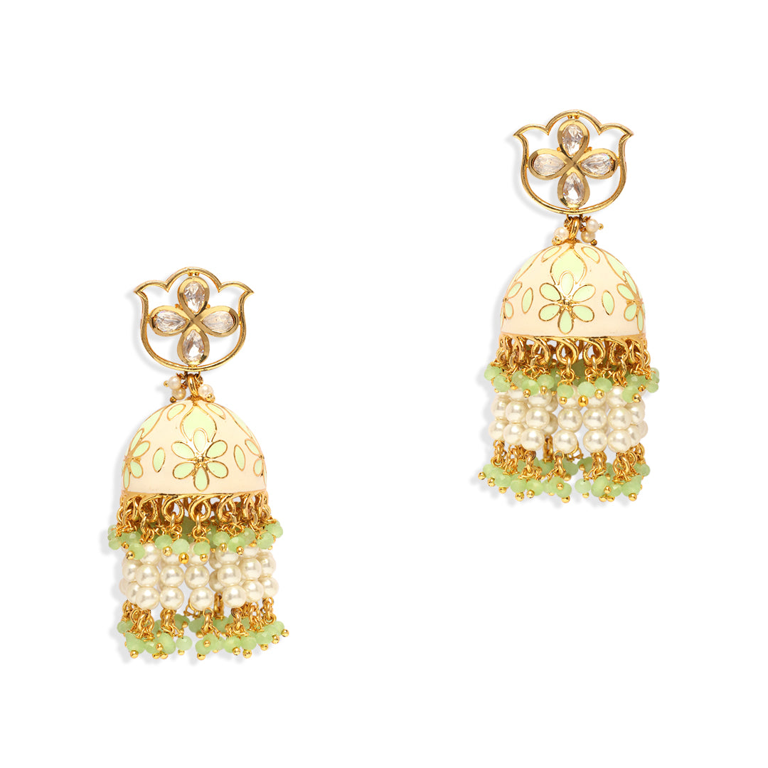 Nazaakat White and Mint Green Enamel Jhumkis