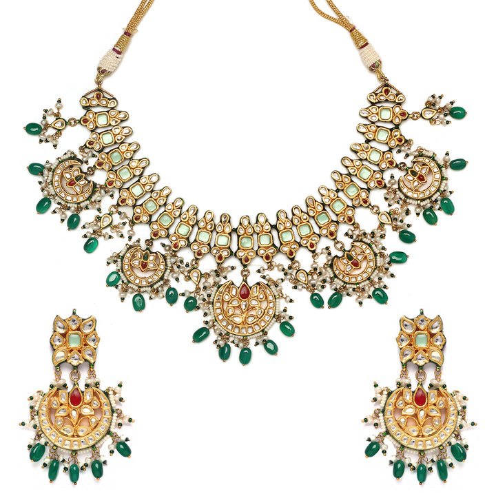 Nithya Red and Green Polki Necklace Set