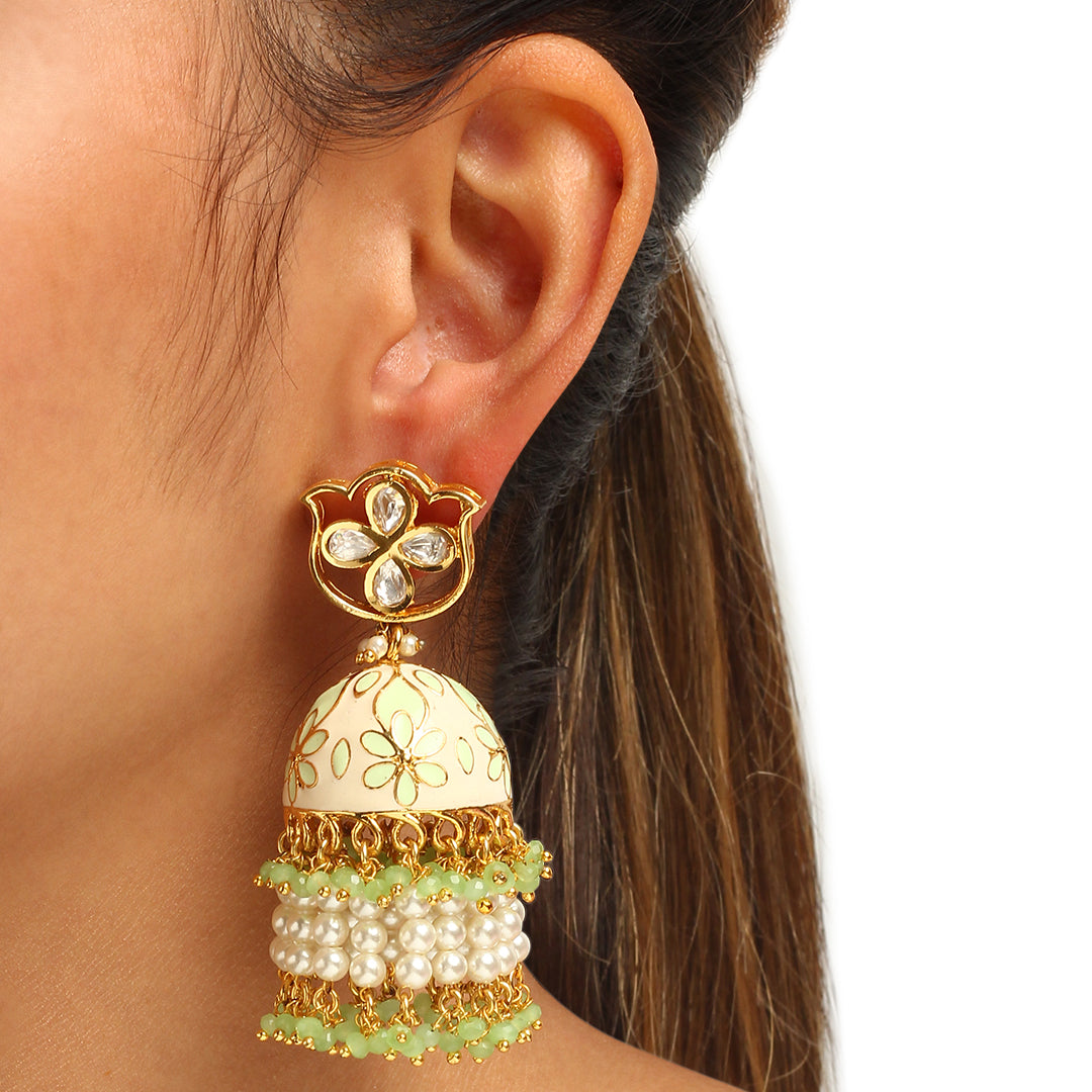 Nazaakat White and Mint Green Enamel Jhumkis